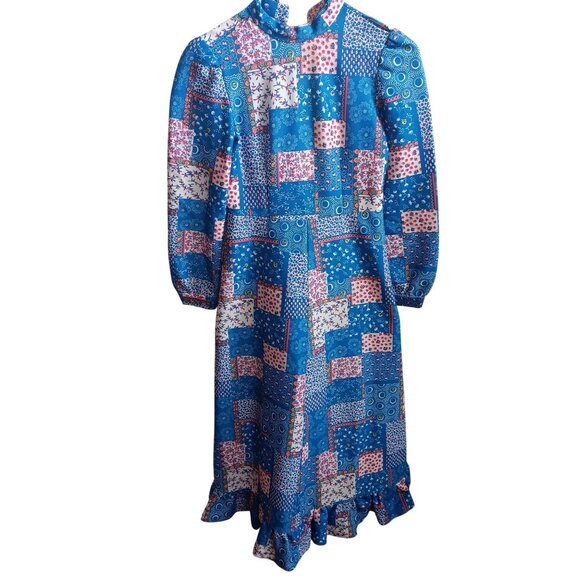 1OF1 XS Vintage 70s Patchwork Maxi Dress Ruffled Hem Prairie Disco Print 1970's - Picture 1 of 8